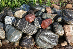 Kamenclub.ru: Ландшафтные валунчики фр.100-500 мм.  купить в Луганске крупный природный камень серый, темно-серый, светло-серый речной валун крупный 4800 руб/т   фото КАМЕНЬ КЛУБ