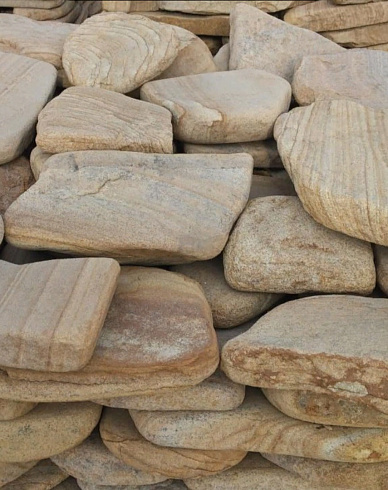 Kamenclub.ru: Песчаник пластушка галтованный желтый с рисунком (3 см)  купить в Луганске плитняк - пластушка желтый песчаник 21000 руб/м3   фото КАМЕНЬ КЛУБ